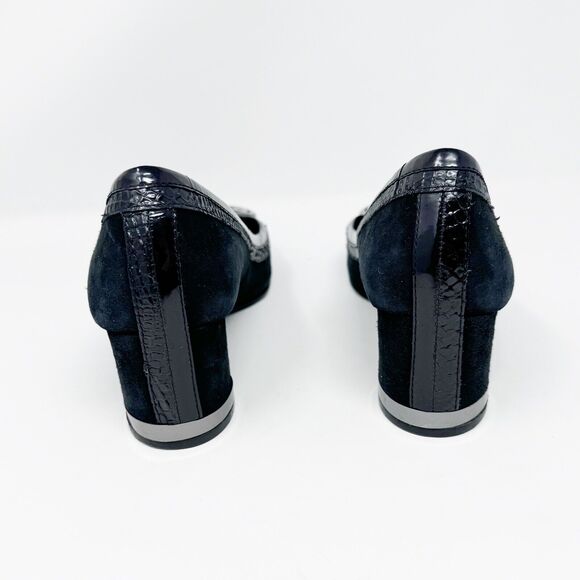 Tory Burch Frannie Reva Pumps 8.5 Black Suede Croc Trim Silver Logo Block Heels - Picture 4 of 14